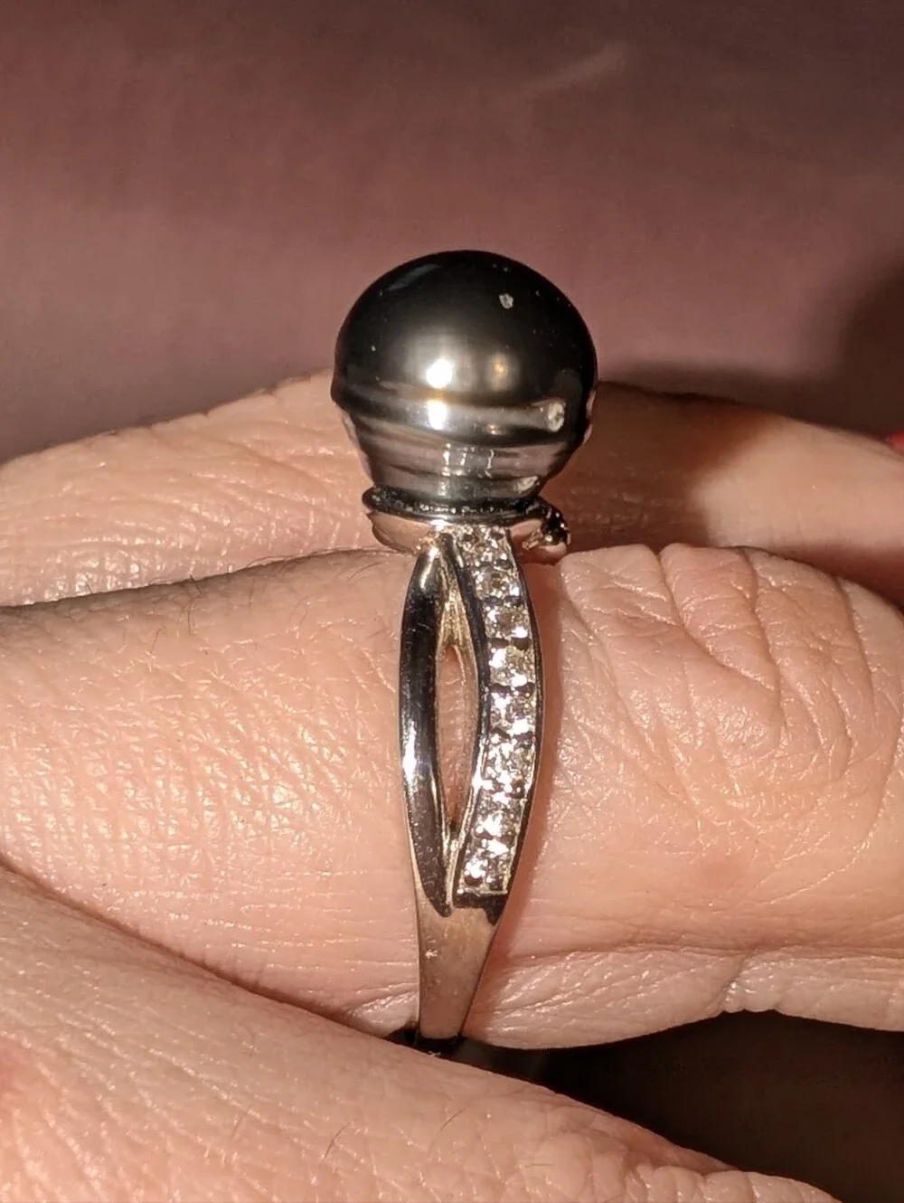 Cultured Black Tahitian Pearl W/ White Zircon Rhodium Over 925 Sterling Ring Sz8